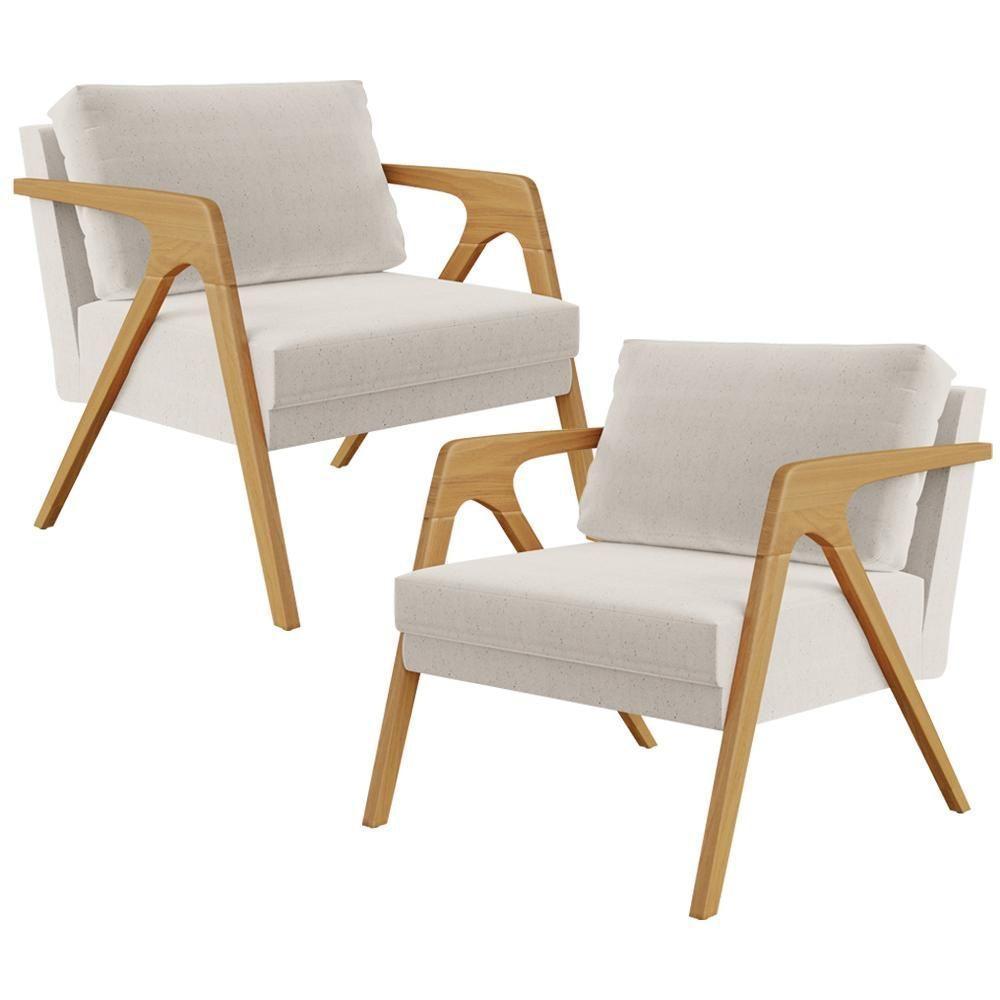 Kit 02 Poltronas Estrutura De Madeira L02 Linho Cru - 1