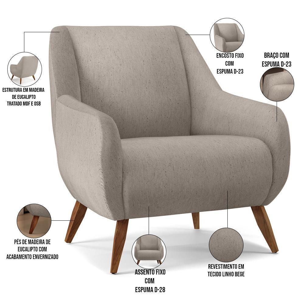 Poltrona Fixa Pés De Madeira Paloma D02 Linho Bege C-107 - 5