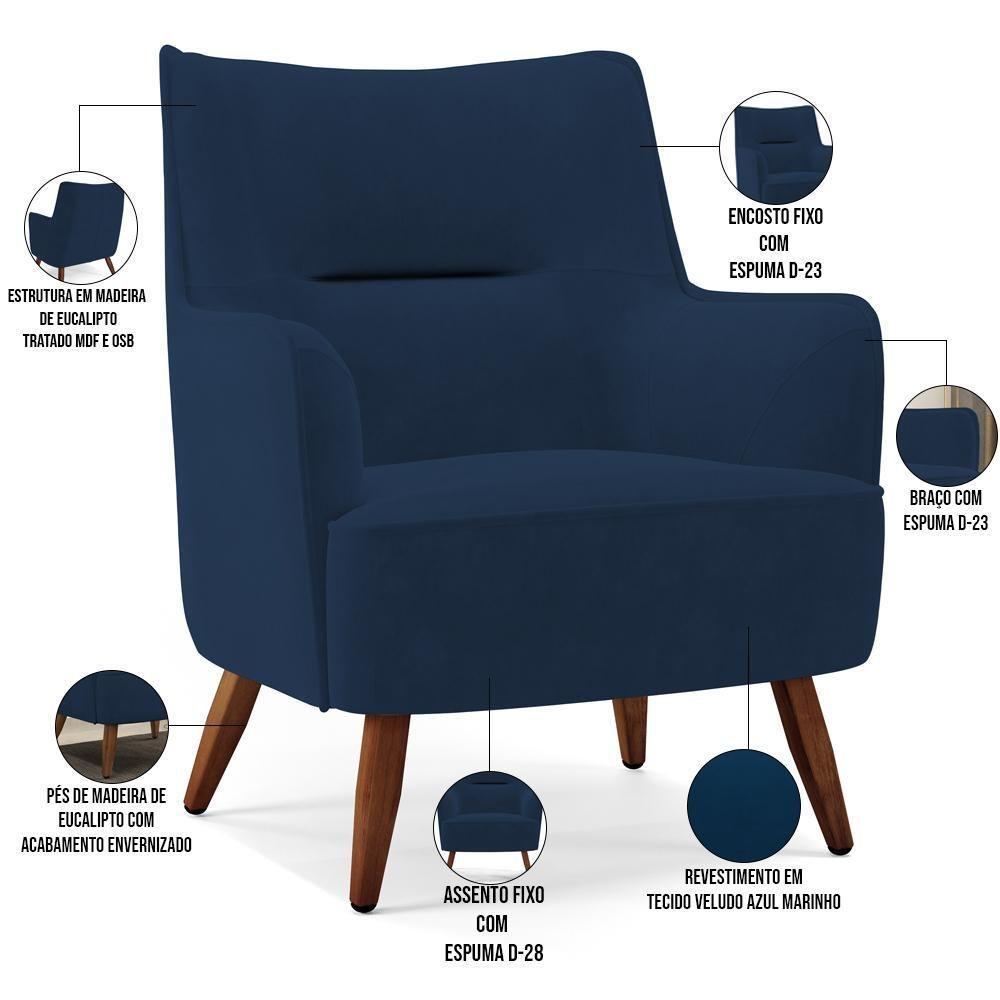 Poltrona Fixa Pés De Madeira Veludo Azul Marinho C-304 - 5