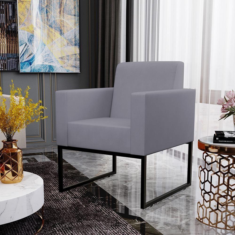 Poltrona Decorativa Para Sala De Estar Recepção Base Fixa De Metal Helô L02 Suede Cinza - 9