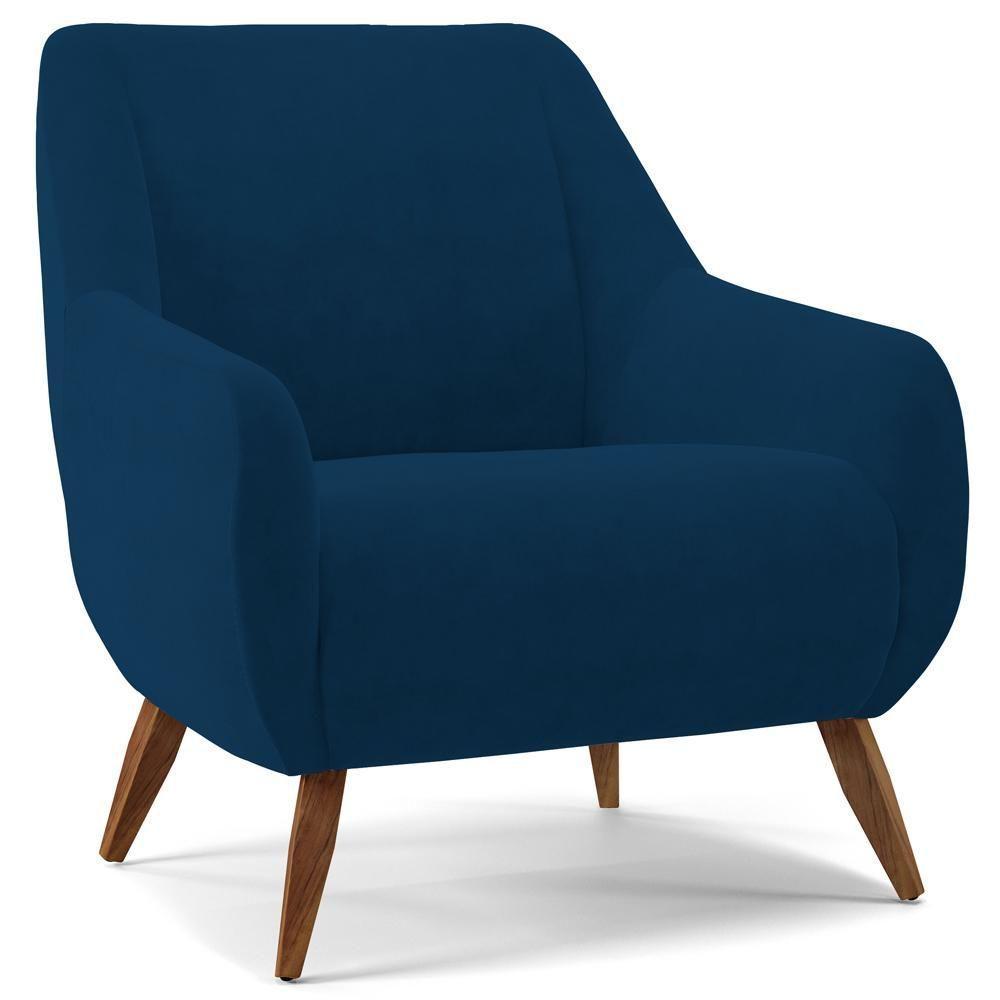 Poltrona Fixa Pés De Madeira Paloma Veludo Azul Marinho - 1