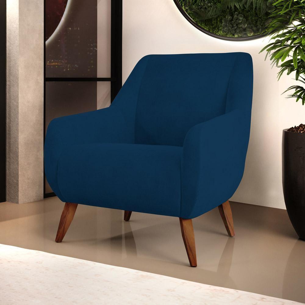 Poltrona Fixa Pés De Madeira Paloma Veludo Azul Marinho - 7