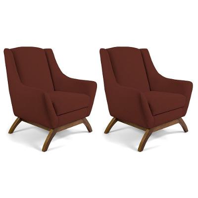 Kit 02 Poltronas Fixa Base De Madeira Veludo Terracota