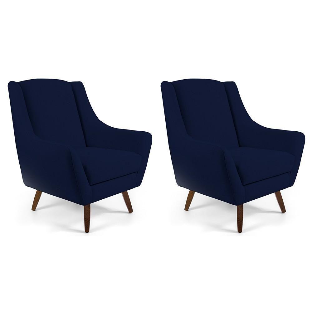 Kit 02 Poltronas Fixa Pés De Madeira Veludo Azul Marinho - 1