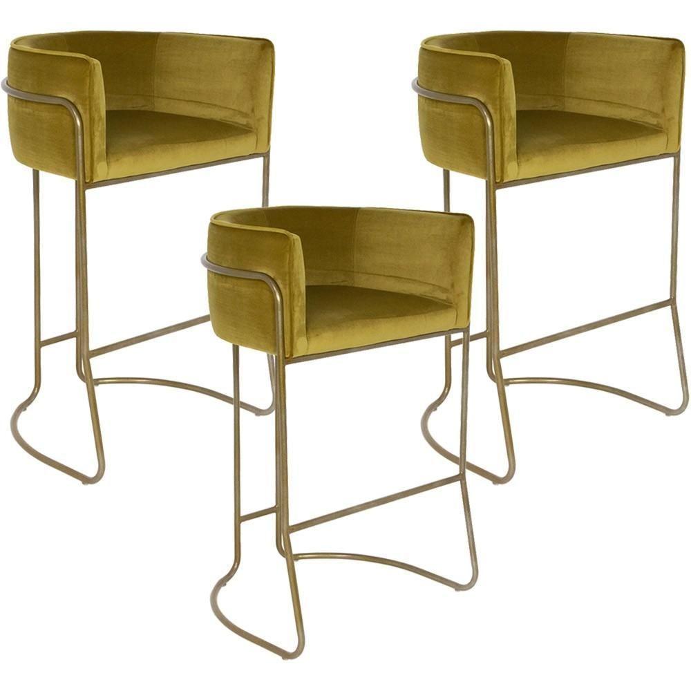 Kit 03 Banquetas Fixa Bronze Veludo Mostarda - 1