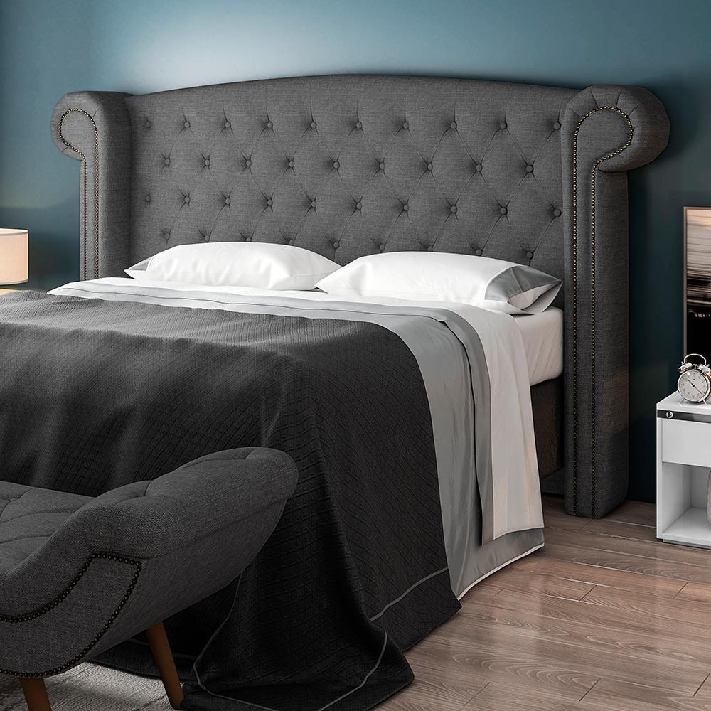 Cabeceira Cama Box Queen Com Tachas 160 Cm Sofia P05 Linho Cinza Escuro - Lyam Decor - 6