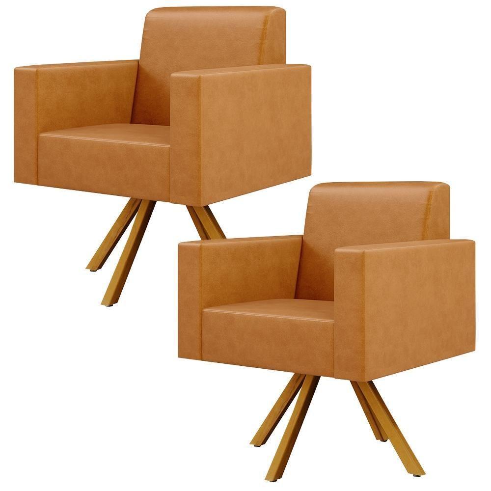 Kit 02 Poltronas Base Giratória De Madeira Couríssimo Whisky - 1