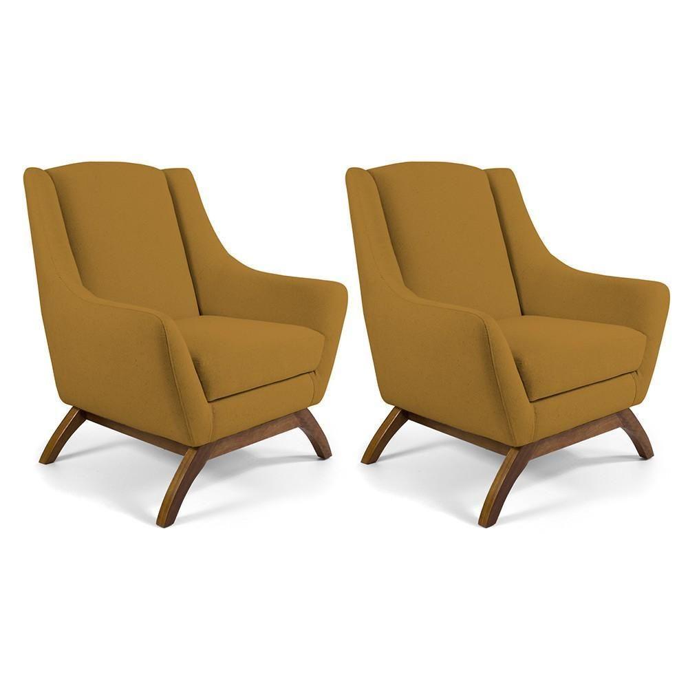 Kit 02 Poltronas Fixa Base Madeira Veludo Mostarda Escuro - 1