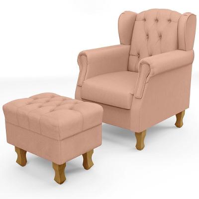 Poltrona de Amamentação Yara P02 com Puff Paris Luis XV Linho Rosa Lyam Decor