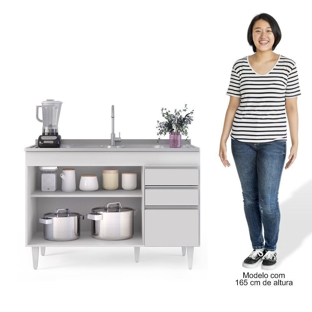 Balcão Gabinete Para Pia 120cm Sem Tampo 3 Portas 2 Gavetas Michigan Branco - Lumil - 4