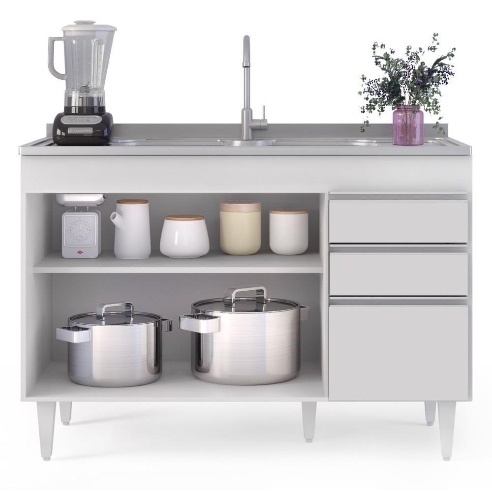 Balcão Gabinete Para Pia 120cm Sem Tampo 3 Portas 2 Gavetas Michigan Branco - Lumil - 6