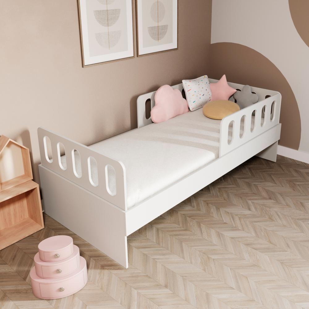 Cama Solteiro Mdf Branco Com 02 Grades E Cabeceira Anatômica Mobilistore - 1