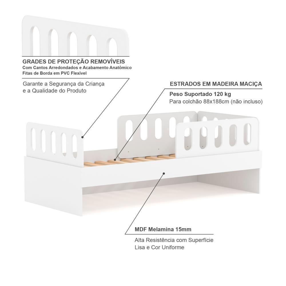 Cama Solteiro Mdf Branco Com 02 Grades E Cabeceira Anatômica Mobilistore - 3