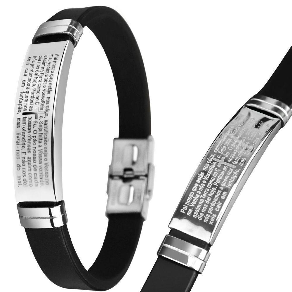 Pulseira Prata Placa Aço Inox Masculina Silicone Pai Nosso Casual Ajsutavel Religioso - 1