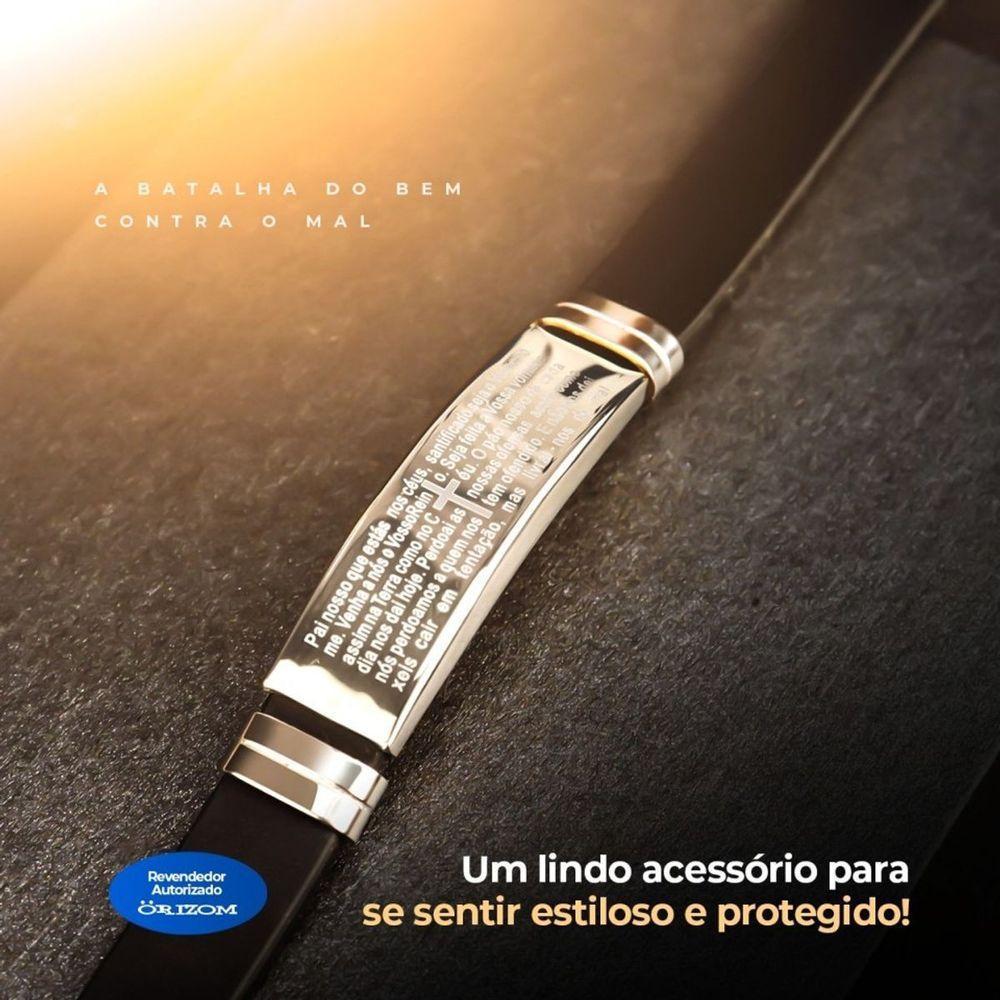 Pulseira Prata Placa Aço Inox Masculina Silicone Pai Nosso Casual Ajsutavel Religioso - 5