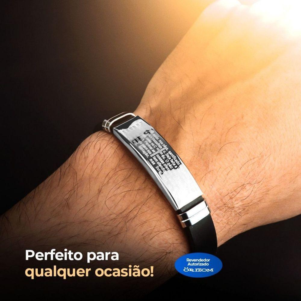 Pulseira Prata Placa Aço Inox Masculina Silicone Pai Nosso Casual Ajsutavel Religioso - 6