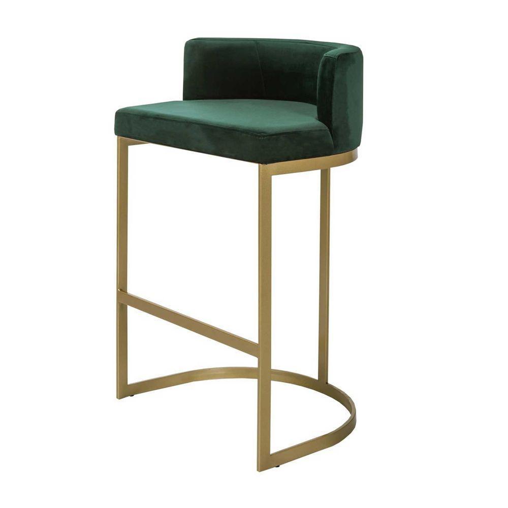 Banqueta Alta Estofada Estrutura Aço Carbono Belly Ii Base Dourada 75cm Suede Verde - 2