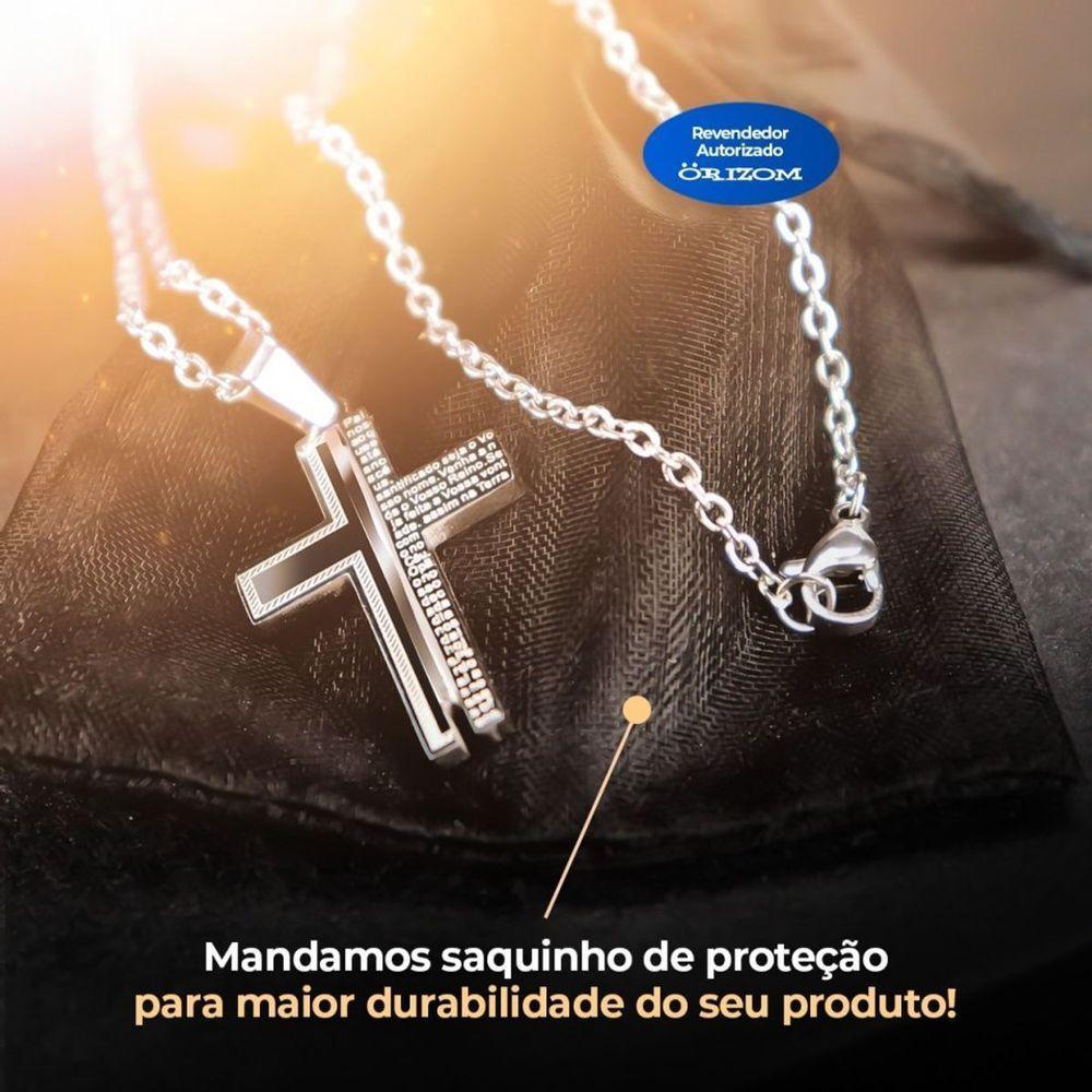 Cordão Aço Inox Prata + Pingente Crucifixo Pai Nosso + Saquinho Ajustavel Casual - 5