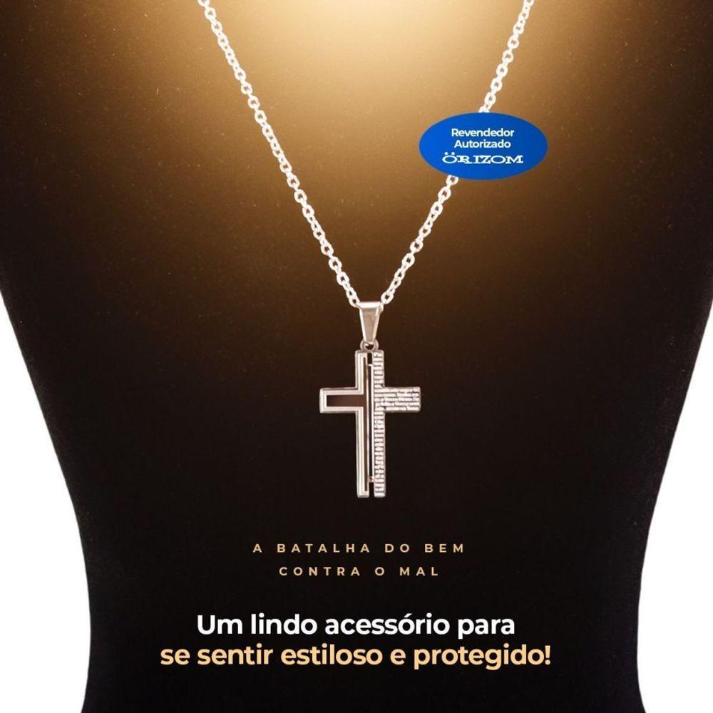 Cordão Aço Inox Prata + Pingente Crucifixo Pai Nosso + Saquinho Ajustavel Casual - 6