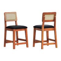 Kit 2 Banquetas Madeira Maciça Encosto Telinha Amêndoa Assento Estofado Corano Preto - 9