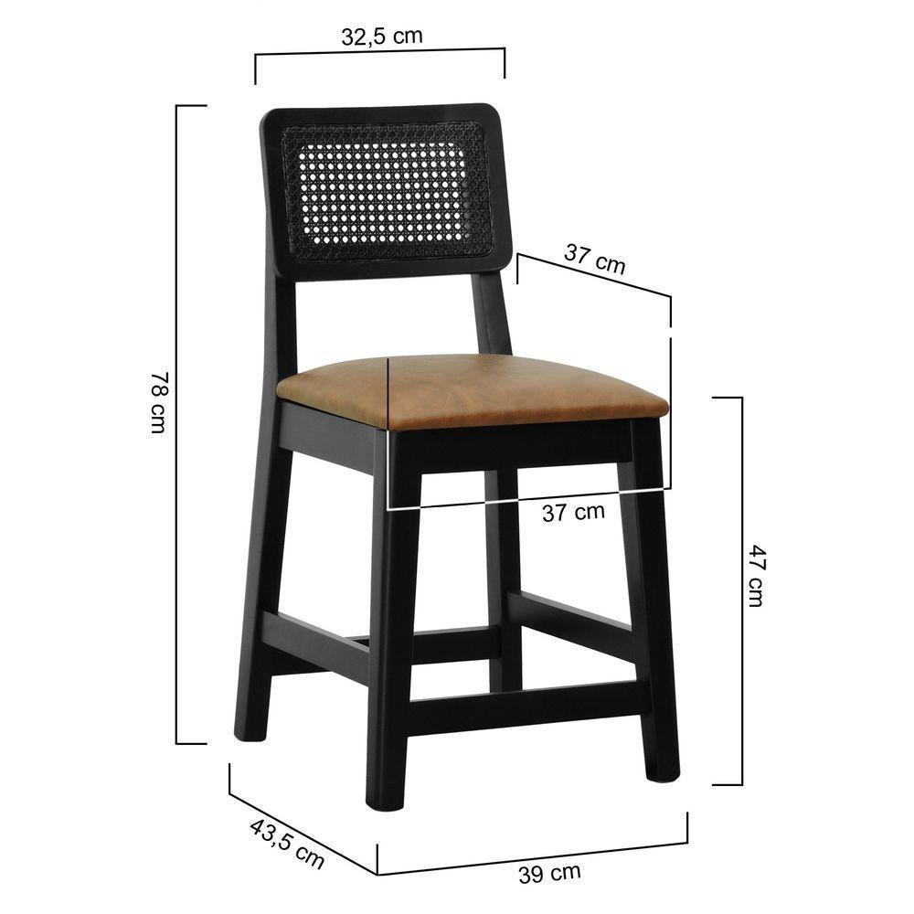 Kit 2 Banquetas Madeira Maciça Encosto Telinha Assento Estofado - Preto Corano Marrom Mescla - 3