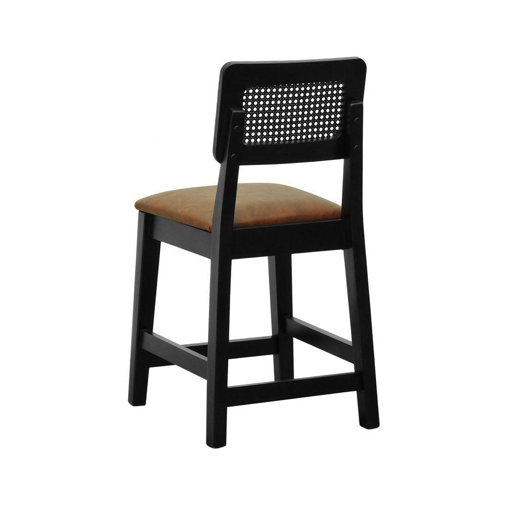 Kit 2 Banquetas Madeira Maciça Encosto Telinha Assento Estofado - Preto Corano Marrom Mescla - 5