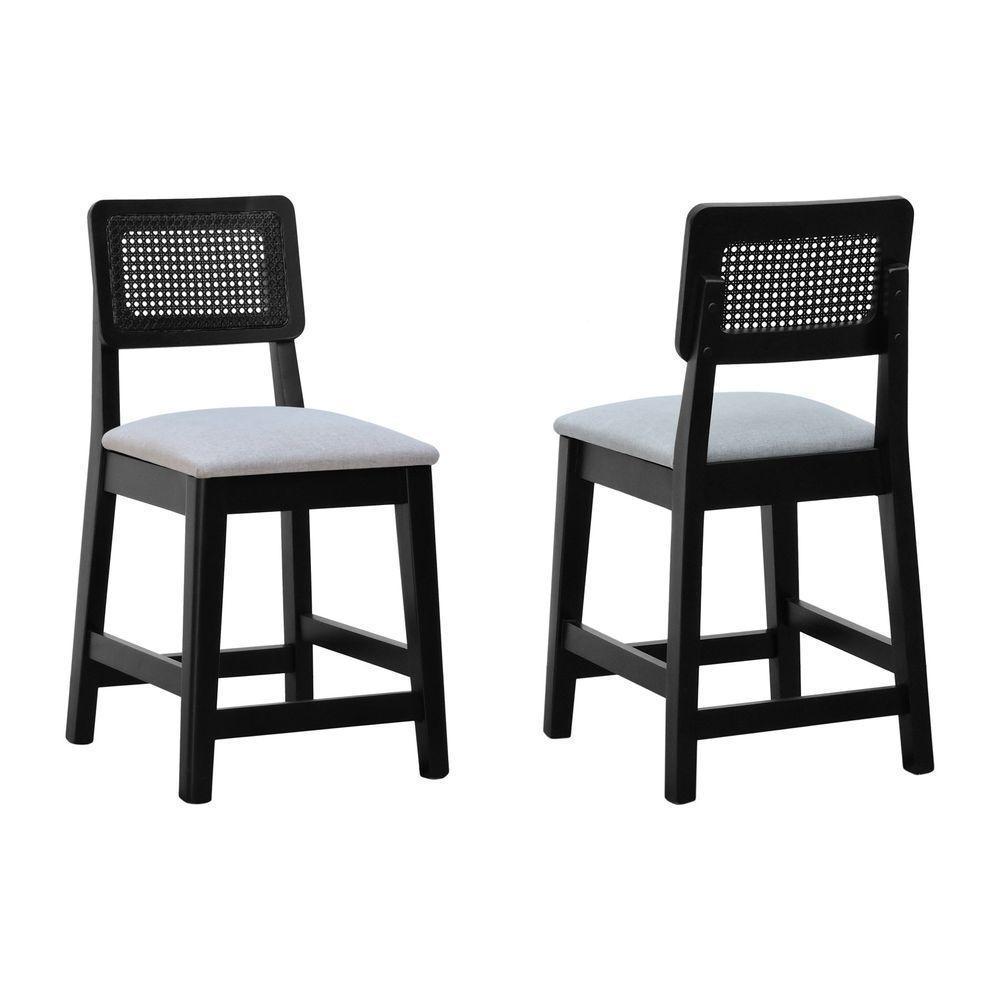 Kit 2 Banquetas Madeira Maciça Encosto Telinha Assento Estofado Preto Linho Bege Mescla Impermeável - 1