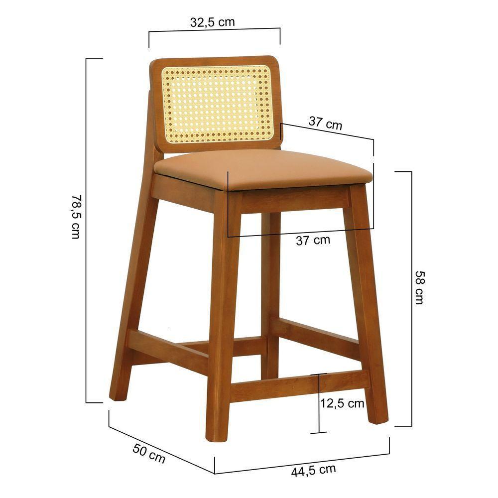 Banqueta Média Gabi Madeira Maciça Telinha Natural - Amêndoa Assento Estofado Corano Caramelo - 5