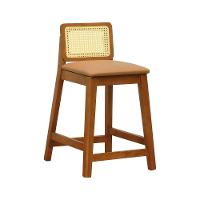 Banqueta Média Gabi Madeira Maciça Telinha Natural - Amêndoa Assento Estofado Corano Caramelo - 1