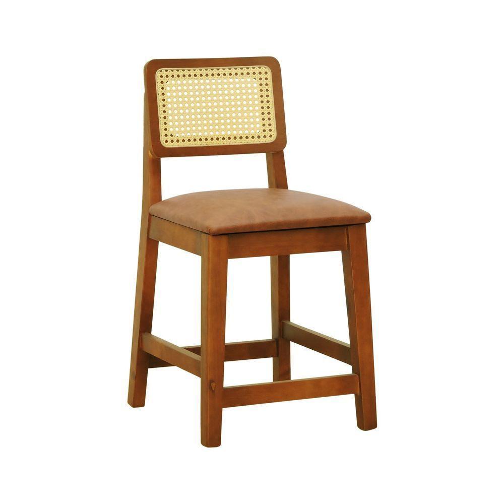 Banqueta Baixa-cadeira Gabi Madeira Maciça Encosto Telinha - Amêndoa Assento Estofado Corano Marrom Mescla - 1