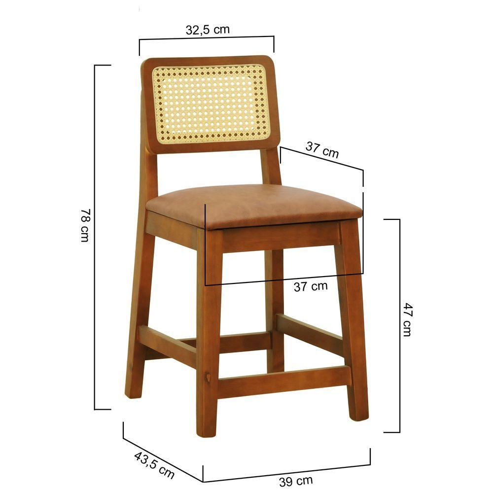 Banqueta Baixa-cadeira Gabi Madeira Maciça Encosto Telinha - Amêndoa Assento Estofado Corano Marrom Mescla - 2