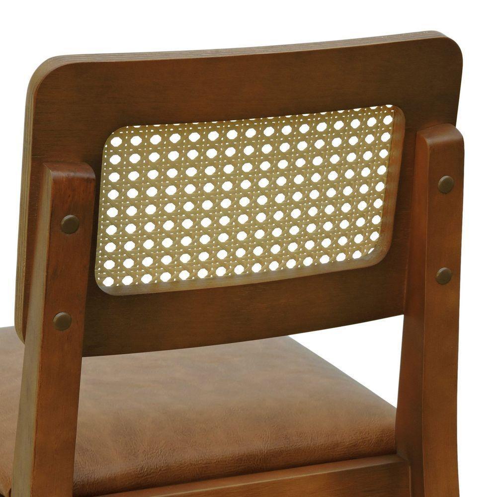 Banqueta Baixa-cadeira Gabi Madeira Maciça Encosto Telinha - Amêndoa Assento Estofado Corano Marrom Mescla - 4