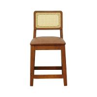 Banqueta Baixa-cadeira Gabi Madeira Maciça Encosto Telinha - Amêndoa Assento Estofado Corano Marrom Mescla - 6