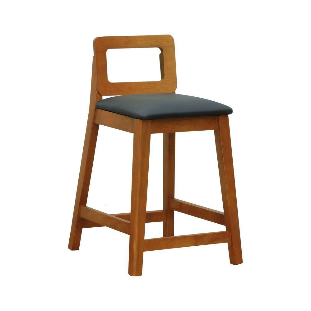 Banqueta Média River Madeira Maciça - Amêndoa Assento Estofado Corano Preto - 1