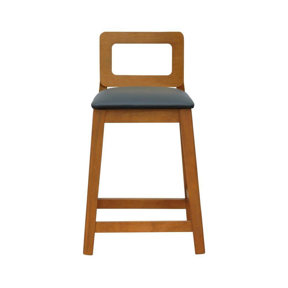 Banqueta Média River Madeira Maciça - Amêndoa Assento Estofado Corano Preto - 2