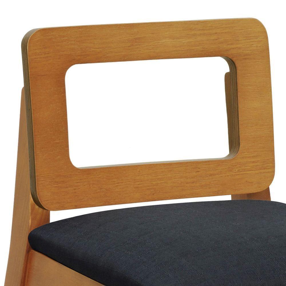 Banqueta Média River Madeira Maciça - Amêndoa Assento Estofado Linho Preto Textura - 2