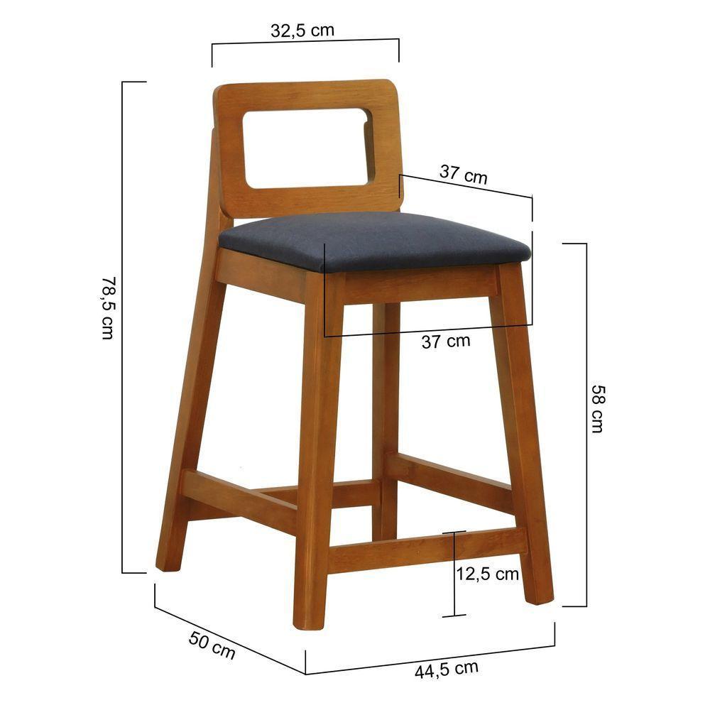 Banqueta Média River Madeira Maciça - Amêndoa Assento Estofado Linho Preto Textura - 5