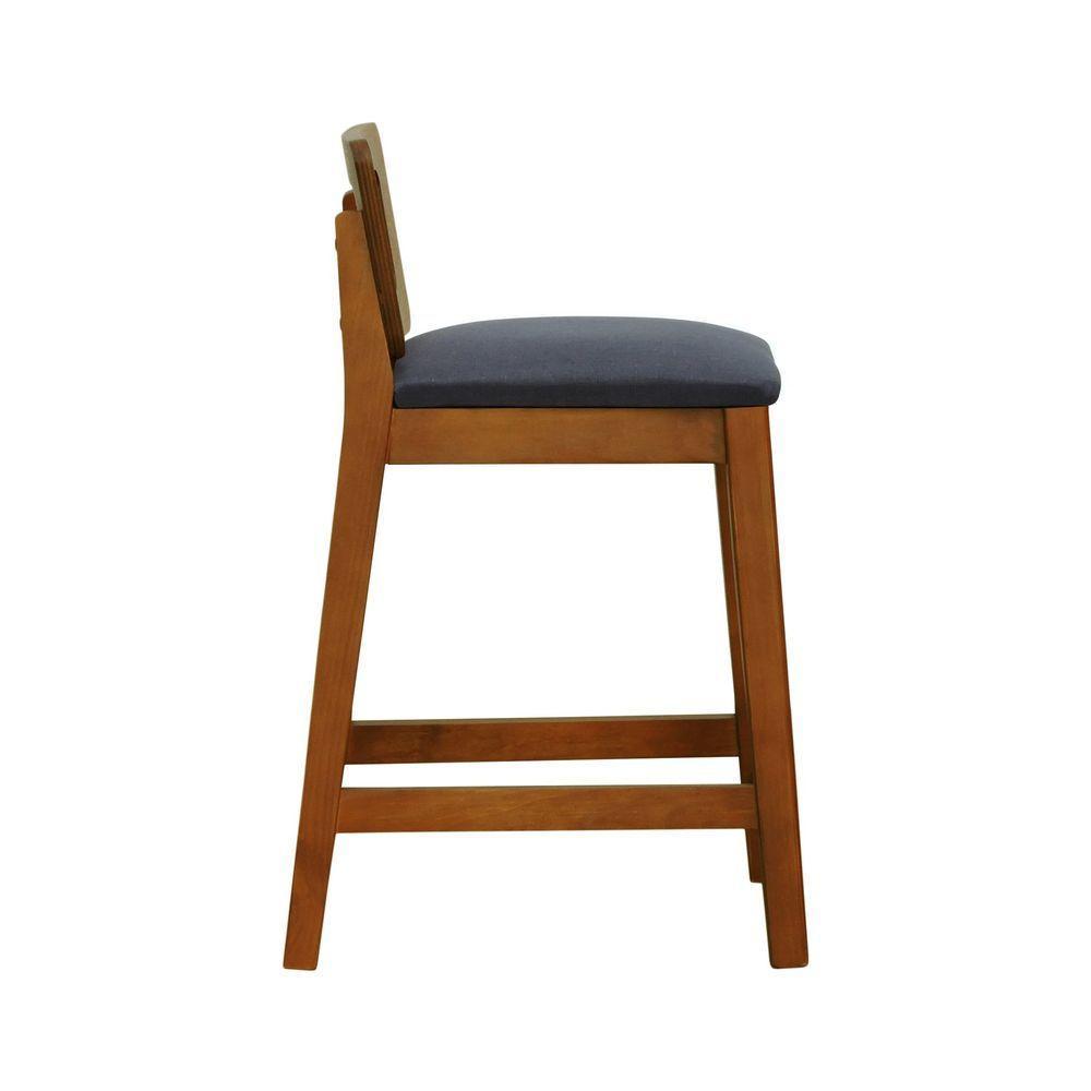 Banqueta Média River Madeira Maciça - Amêndoa Assento Estofado Linho Preto Textura - 8