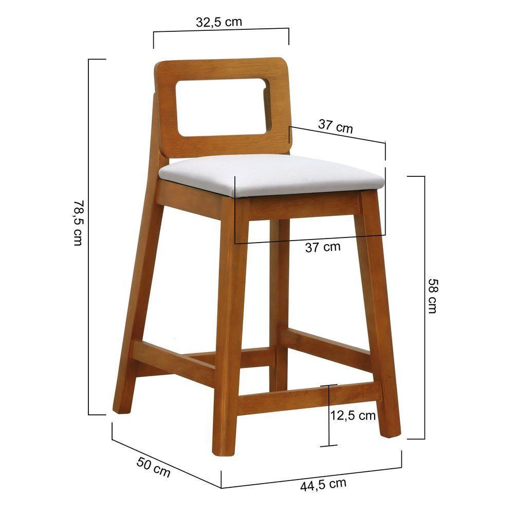 Banqueta Média River Madeira Maciça - Amêndoa Assento Estofado Linho Bege - 3