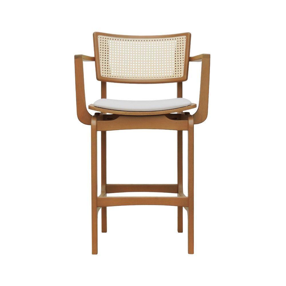 Banqueta Alta Bistrô Apollo Com Braços Encosto Telinha Natural E Assento Anatômico - Natural Estofado Corano Bege - 4