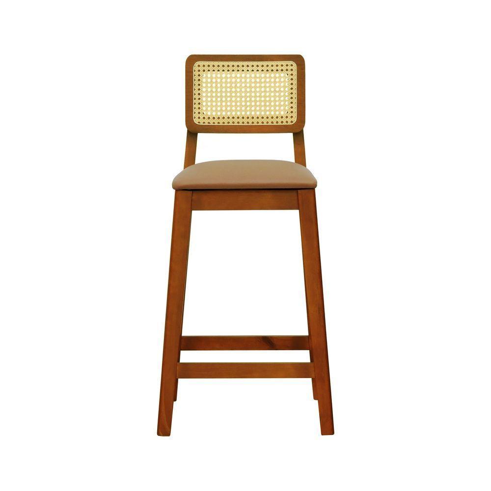 Banqueta Gabi Madeira Maciça Encosto Telinha C- 68cm Altura - Amêndoa Assento Estofado Corano Caramelo - 4