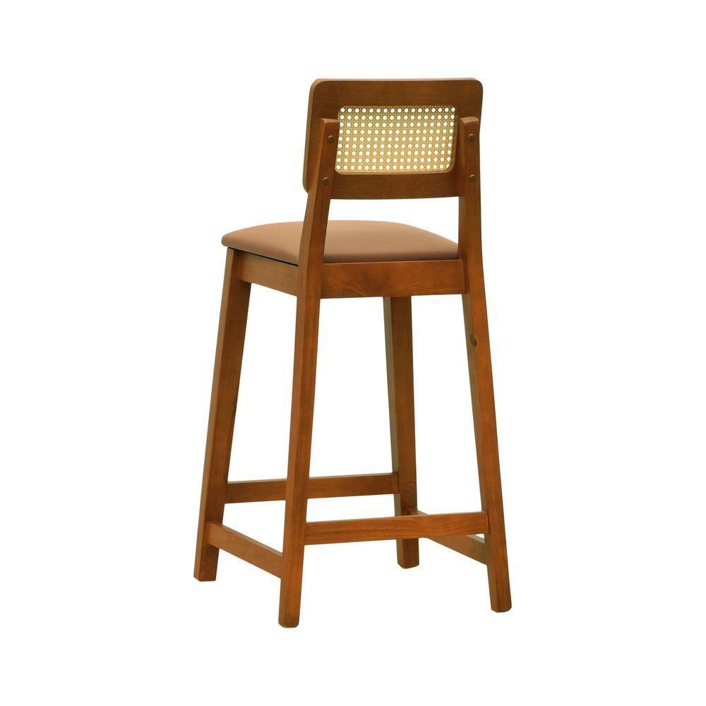 Banqueta Gabi Madeira Maciça Encosto Telinha C- 68cm Altura - Amêndoa Assento Estofado Corano Caramelo - 7