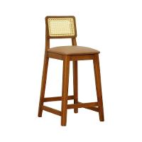 Banqueta Gabi Madeira Maciça Encosto Telinha C- 68cm Altura - Amêndoa Assento Estofado Corano Caramelo - 1