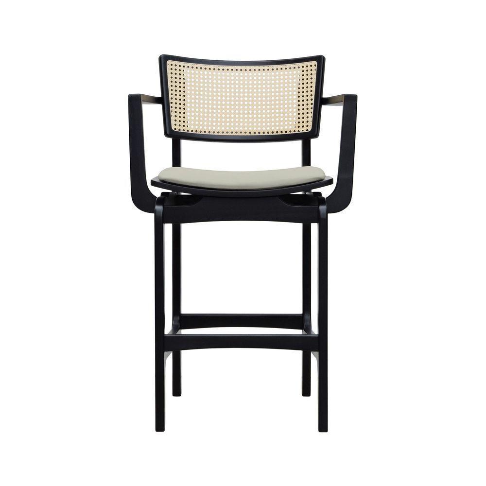 Banqueta Alta Bistrô Apollo Com Braços Encosto Telinha Natural E Assento Anatômico - Preto Estofado Linho Bege - 8