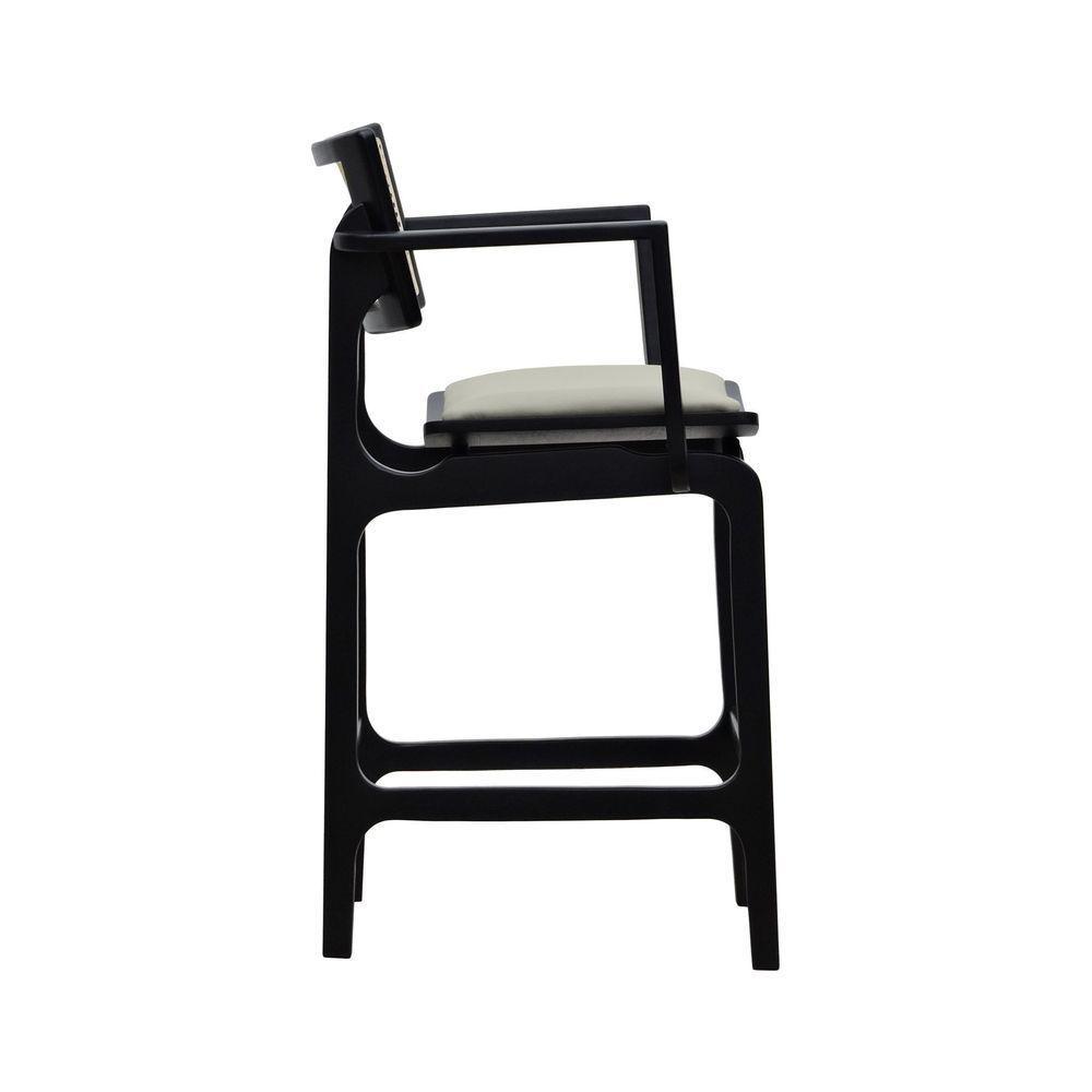 Banqueta Alta Bistrô Apollo Com Braços Encosto Telinha Natural E Assento Anatômico - Preto Estofado Linho Bege - 9