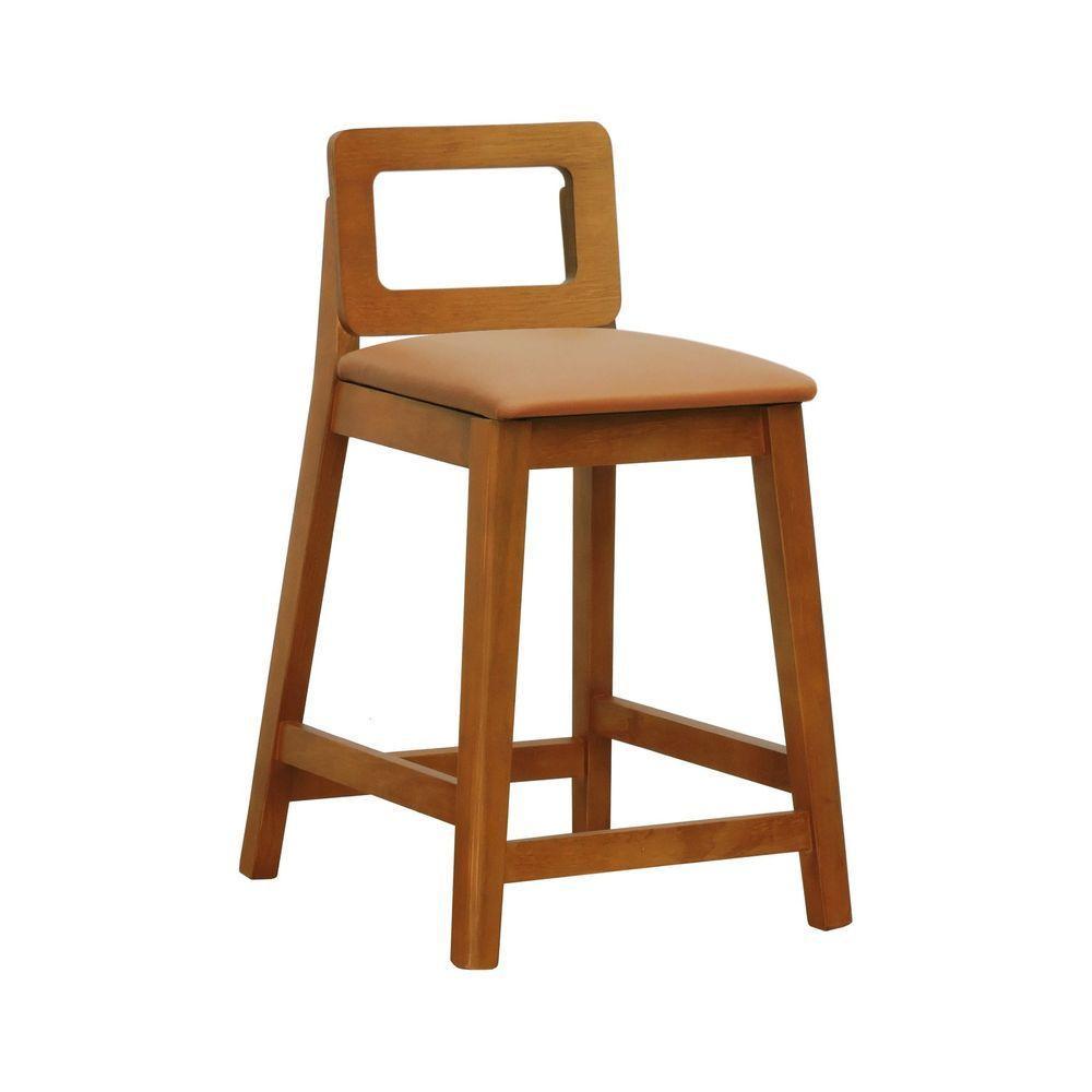 Banqueta Média River Madeira Maciça - Amêndoa Assento Estofado Corano Caramelo - 1