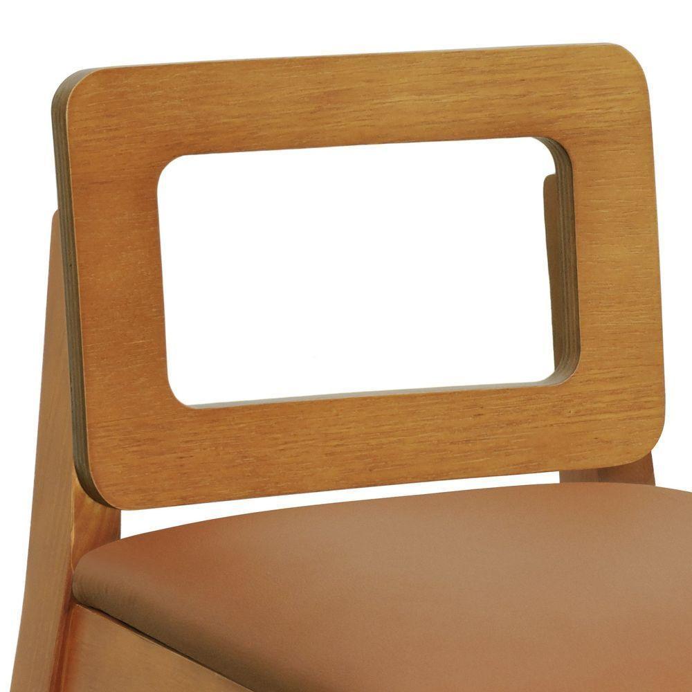 Banqueta Média River Madeira Maciça - Amêndoa Assento Estofado Corano Caramelo - 2