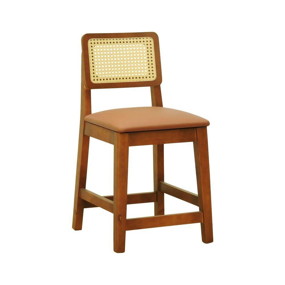 Banqueta Baixa-cadeira Gabi Madeira Maciça Encosto Telinha - Amêndoa Assento Estofado Corano Caramelo - 1