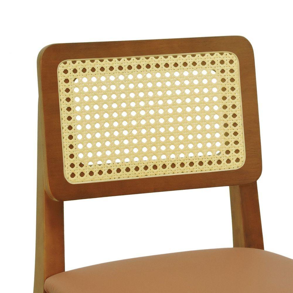 Banqueta Baixa-cadeira Gabi Madeira Maciça Encosto Telinha - Amêndoa Assento Estofado Corano Caramelo - 2