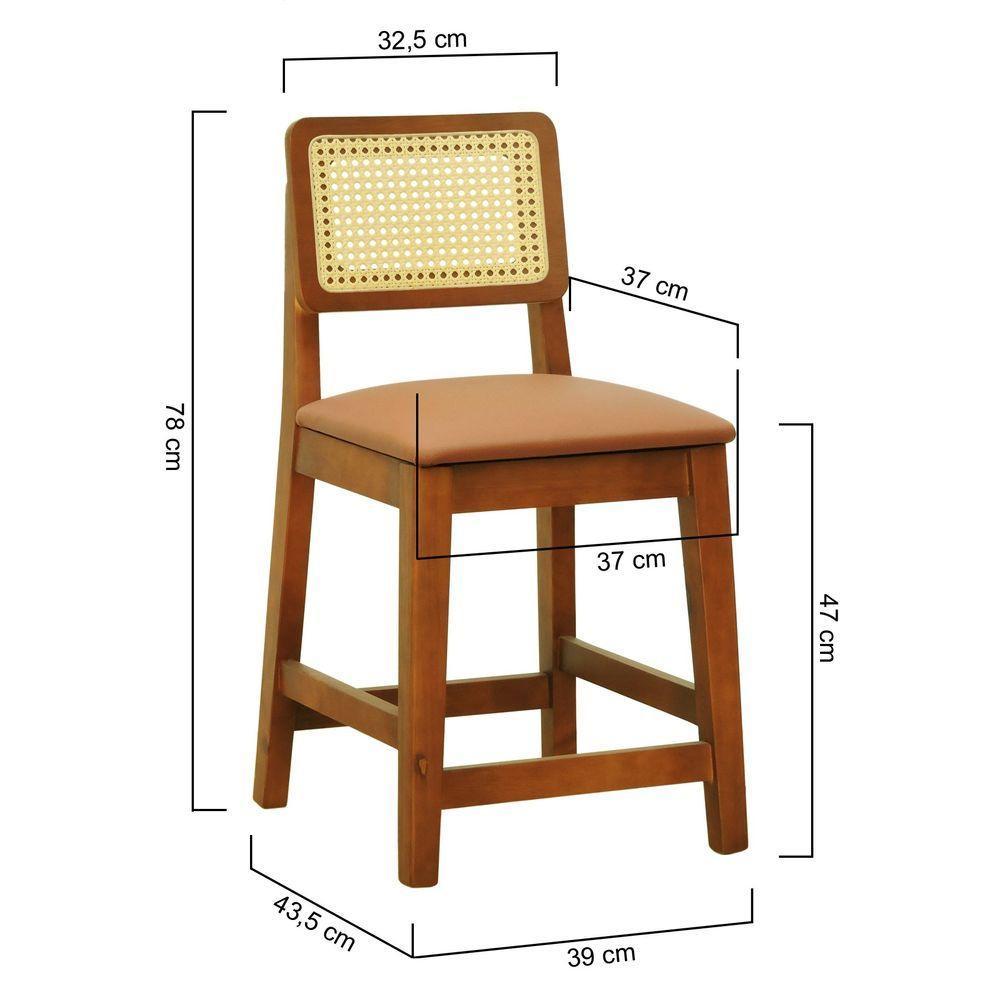 Banqueta Baixa-cadeira Gabi Madeira Maciça Encosto Telinha - Amêndoa Assento Estofado Corano Caramelo - 4